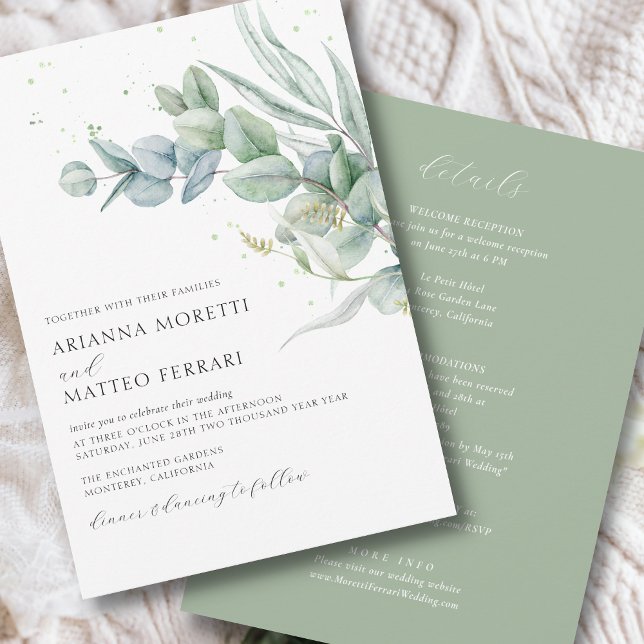 Botanische Landschaft Hochzeit Einladung mit UAWG (Modern  wedding invitation with elegant eucalyptus greenery including details and RSVP on back)