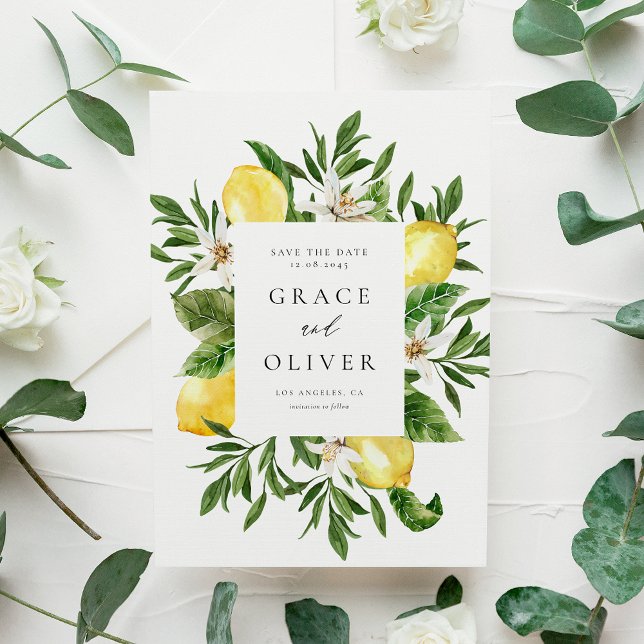 Botanische Lemon-Blüten-Rahmen Save the Date Postkarte (Watercolor Lemons and Greenery Frame Save the Date Postcard)