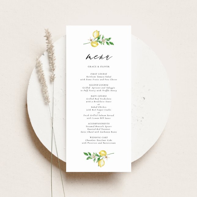 Botanische Lemon- und Grünwetterhochzeit Menükarte (Customizable Wedding Menu Card with Watercolor Lemons, Blossoms & Greenery Wreath)