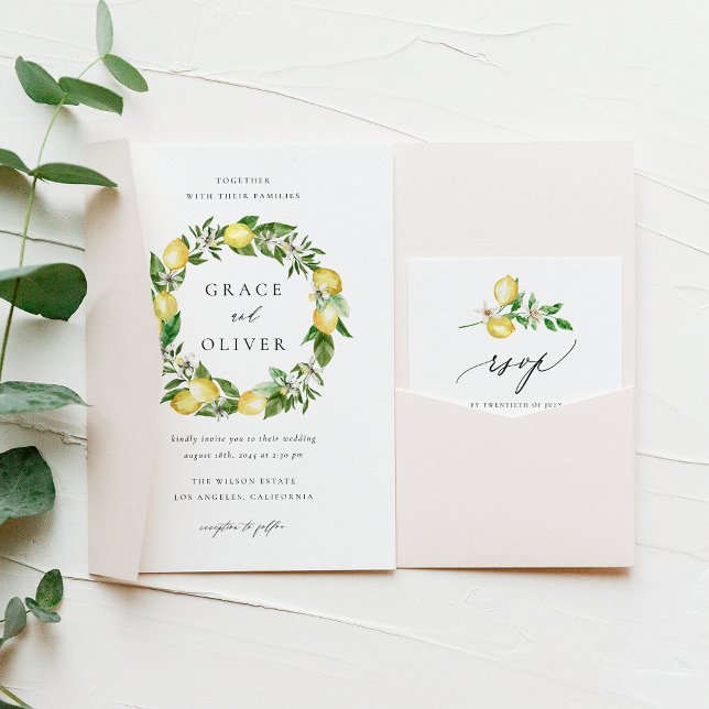 Botanische Lemon- und Grünwüstenhochzeit Einladung (Customizable Wedding Invitation with Watercolor Lemons, Blossoms & Greenery | Lemon Theme Wedding )