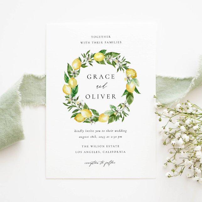 Botanische Lemon- und Grünwüstenhochzeit Einladungspostkarte ( Customizable Wedding Invitation Postcard with Watercolor Lemons, Blossoms & Greenery)