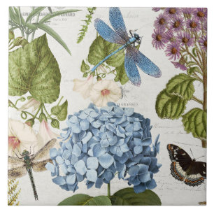 Botanische Libellen-Blumengarten-Blumen-Vintage 4 Fliese