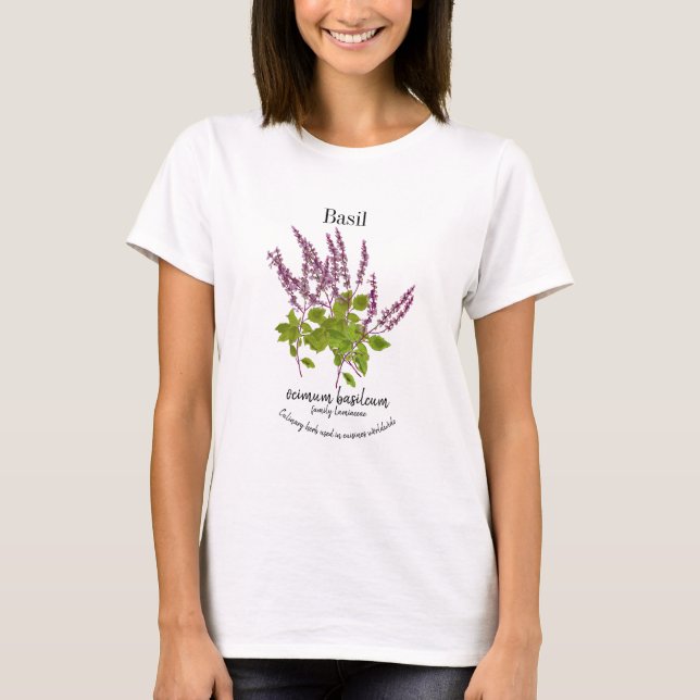 Botanische Lila-Basilikum-Kräuter-Zeichnung Text T-Shirt (Vorderseite)