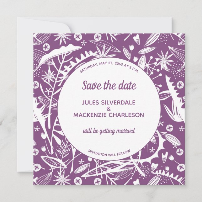 Botanische Lila Foliage Save the Date Einladung (Vorderseite)