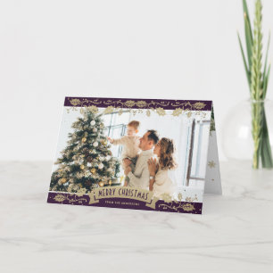 Botanische lila-goldene Foto-Weihnachtskarte Karte