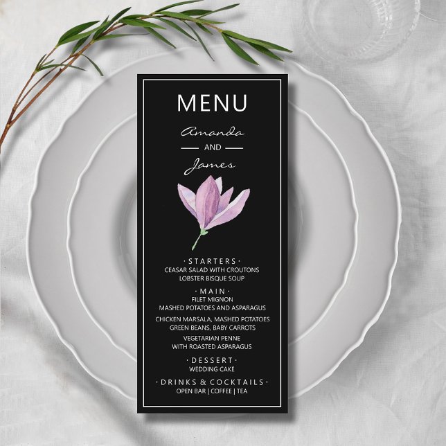 Botanische Lila Magnolia Menükarte (Elegant Purple Magnolia Watercolor Wedding Menu Cards)