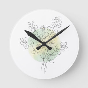 Botanische Line-Art Eukalyptus Grün Wasserfarbe⁠ Runde Wanduhr