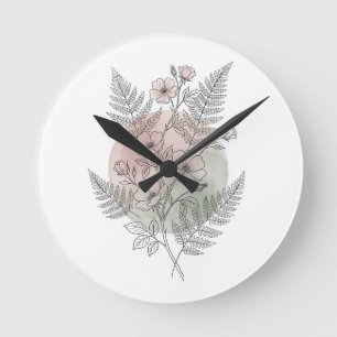 Botanische Line-Art-Farn-Wildblume-Blush-Grün⁠ Runde Wanduhr