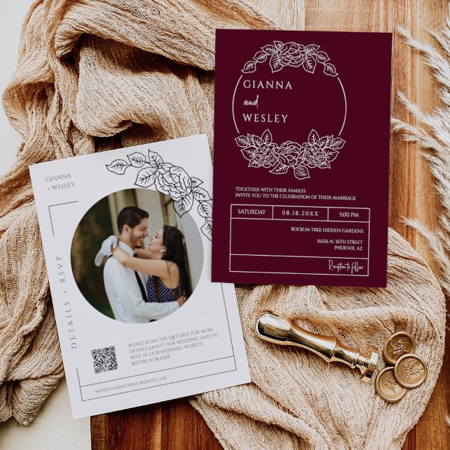 Botanische Linie Burgund Art Boho QR Code Foto Einladung (Von Creator hochgeladen)