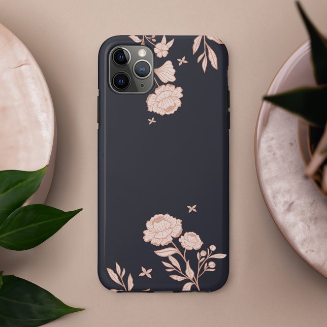 Botanische Marine und Rosa Rose mit modernem Chic Case-Mate iPhone Hülle (Modern Chic Floral Rose Botanical Navy & Pink Case-Mate iPhone Case)