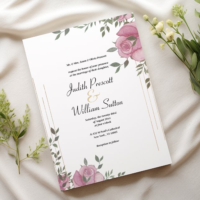 Botanische Minze Rosa romantische Hochzeit mit Blu Einladung (Botanic mint pink white romantic floral wedding)