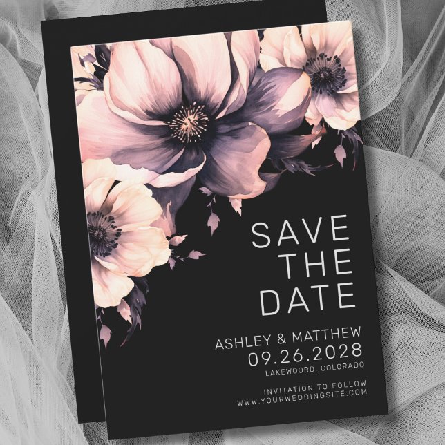 Botanische Moderne elegante Schwarz-Rosa-Blumenhoc Save The Date (Botanical Modern Elegant Black Pink Floral Wedding Save the Date)