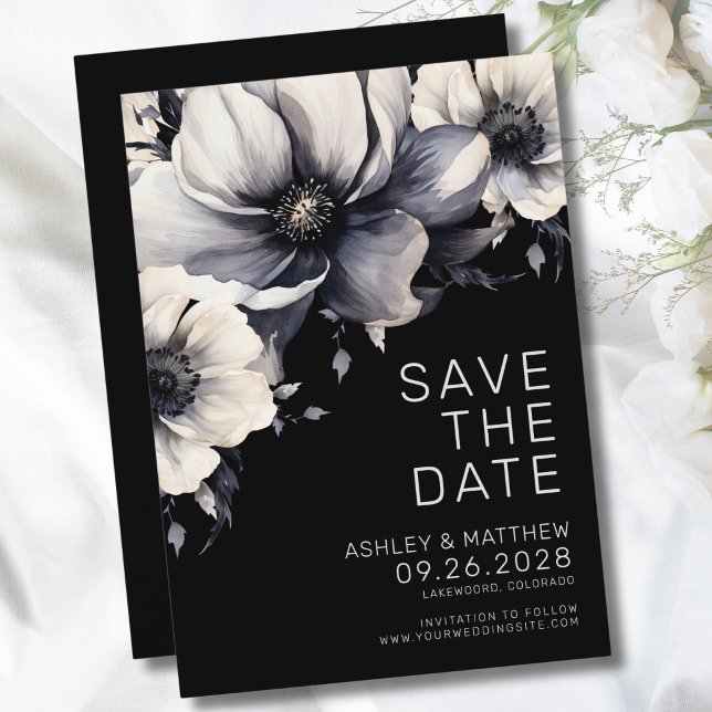 Botanische Moderne Hochzeit der Schwarzen Flora Save The Date (Botanical Modern Elegant Black Floral Wedding Save The Date)