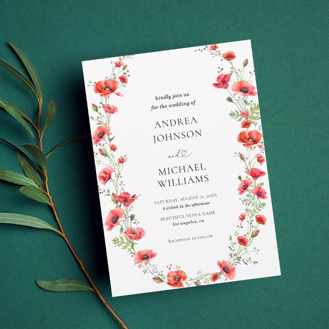 Botanische Mohnrahmen-Blume Herz-Script-Hochzeit Einladung (Von Creator hochgeladen)