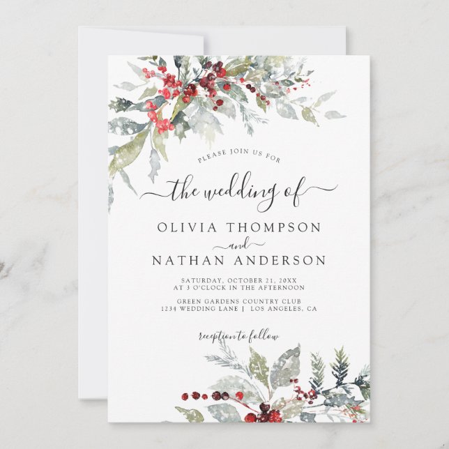 Botanische Mongram Hochzeit von Snowy Winter Berri Einladung (Vorderseite)