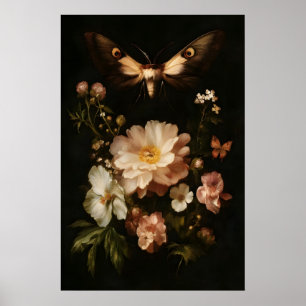 Botanische Motte Dunkle Florale Kunst Antike Schme Poster