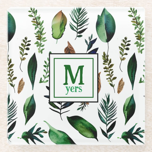 Botanische Natur in Grünblättern Personalisiert Glasuntersetzer (Vorderseite)