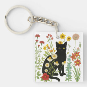 Botanische Natur – Schwarze Katze im Wildblumenga Schlüsselanhänger