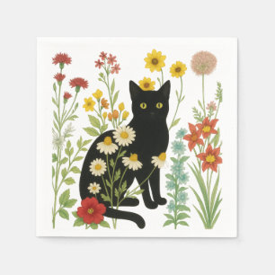  Botanische Natur – Schwarze Katze im Wildblumenga Serviette