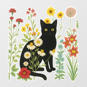 Botanische Natur – Schwarze Katze im Wildblumengar Fensteraufkleber