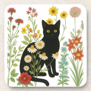 Botanische Natur – Schwarze Katze im Wildblumengar Getränkeuntersetzer