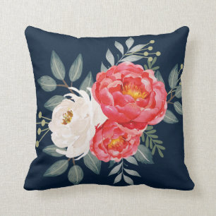 Botanische Navy, Rot & Elfenbein Blumen Kissen