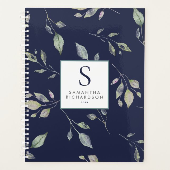 Botanische Navy- und Grüne Blätter Wasserfarbenmon Planer (Vorderseite)