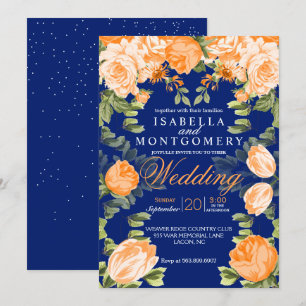 Botanische Orangen- und Navy-Blütenhochzeit Einladung
