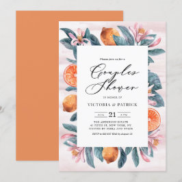 Botanische Orangen und rosa Blüten Paare Dusche Einladung