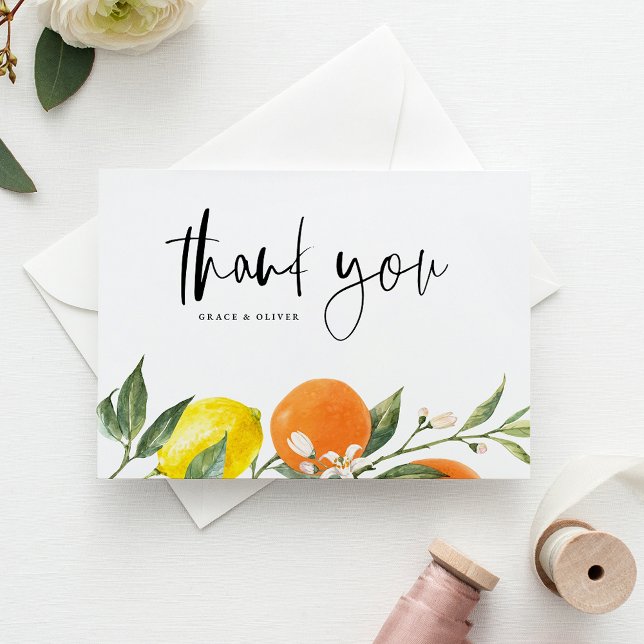 Botanische Orangen und Zitronen Hochzeit Vielen Da Postkarte (Botanical Oranges and Lemons Wedding Thank You Postcard)