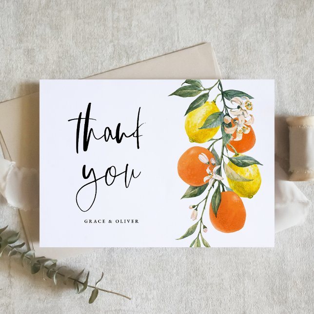 Botanische Orangen- und Zitronengarland-Hochzeit Dankeskarte (Botanical Orange and Lemon Garland Wedding Thank You Card)