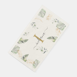 Botanische Palmen Monogramm Name Grün Gold Blätter Serviette