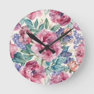 Botanische Pfingstrose Wasserfarbe Lavendelblüten Runde Wanduhr
