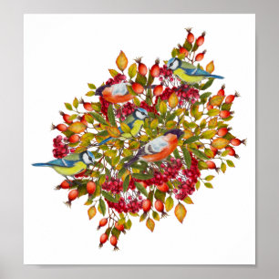 Botanische Pflanze- und Vogelillustrierungspalette Poster