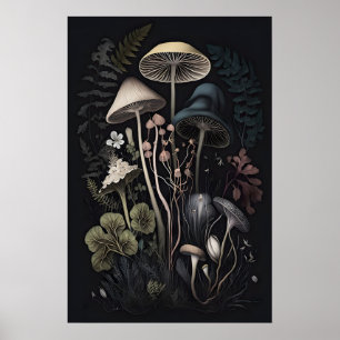 Botanische Pilze Dunkles Cottagecore-Druck, Dunkel Poster