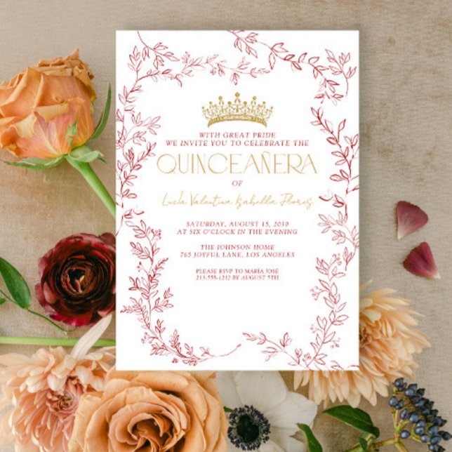 Botanische Quinceñera, moderne Rote Gold Einladung (Von Creator hochgeladen)