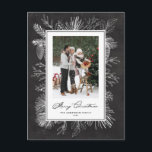 Botanische Rahmen Chalkboard Frohe Weihnachtsfeier Feiertagspostkarte<br><div class="desc">Frohe Weihnachten! Schick Weihnachten Grüße mit diesem Vintagen Thema Weihnachten Postkarte. Es zeigt Vintage Linien von Pinecones, Kiefernnadeln und Hollies mit einem Imitat Chalkboard Hintergrund. Personalisieren Sie Ihre Daten, indem Sie Foto, Namen, Jahr und Nachricht hinzufügen. Diese rustikale Weihnachtskarte für das Weihnachtsgeschirr ist in anderen Fotos erhältlich. Matching-Elemente sind verfügbar....</div>