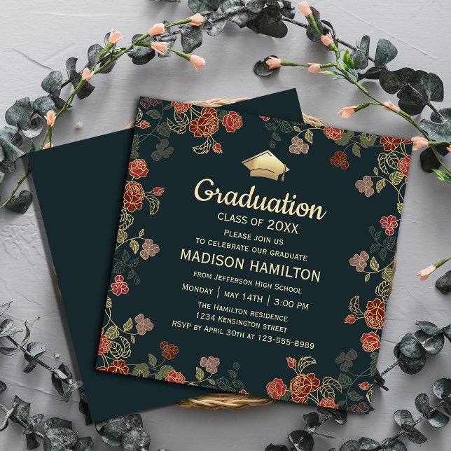 Botanische Red and Gold Graduation Party Einladung (Elegant Red and Gold Graduation Party Invitation #graduationinvitation #botanical #graduate#greenery)