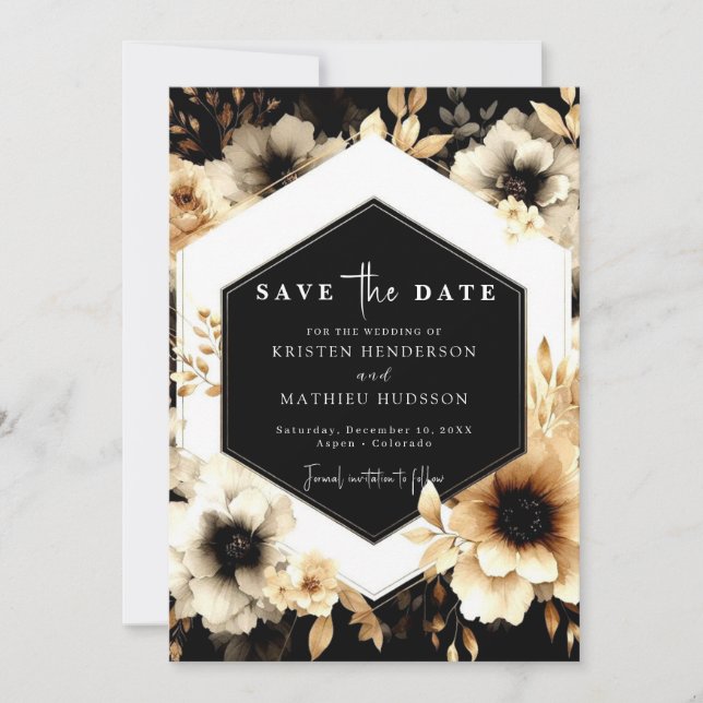 Botanische romantische Hochzeit mit Gold und Schwa Save The Date (Vorderseite)