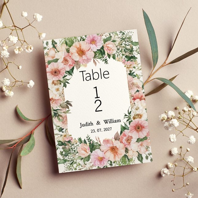 Botanische Rosa Blüte Sommerblüten Tischnummer (Botanical pink blossom summer floral Table Numbers)