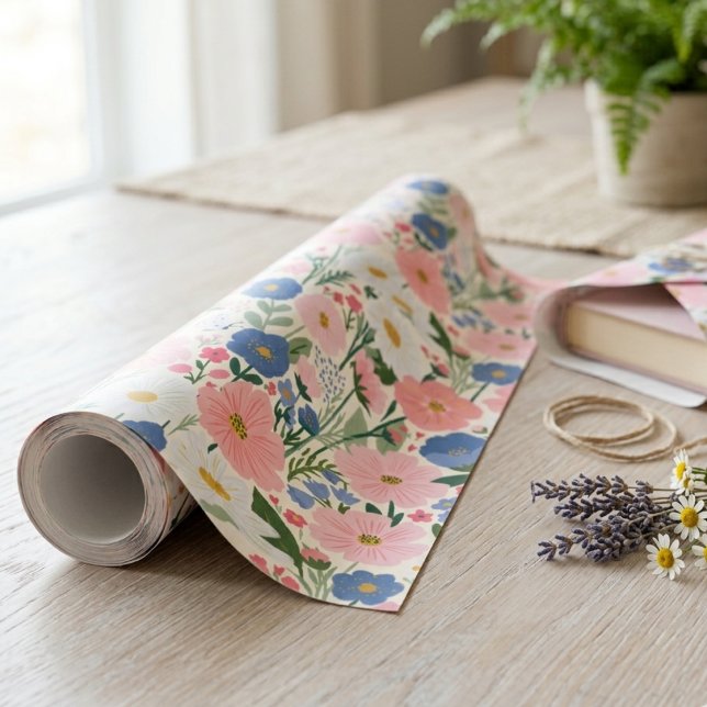 Botanische rosa Kosmos und blaue Wildblumen Geschenkpapier (Whimsical wildflower wrapping paper for a best friend's spring birthday gift.)