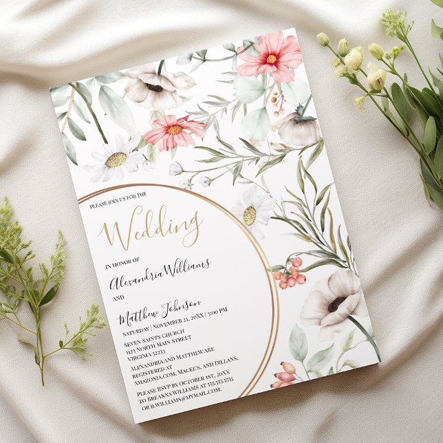 Botanische Rosa-Minze, goldene, blumenreiche Hochz Einladung (Botanic pink mint gold geometric floral Wedding)