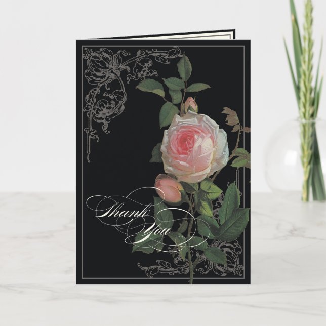 Botanische rosa Rose, schwarze Hochzeit danken Dankeskarte (Vorderseite)