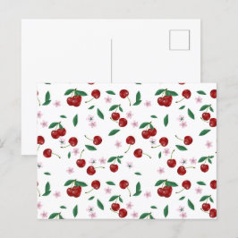 Botanische Rote Kirschen Grünpflanzen & Kirschblüt Postkarte