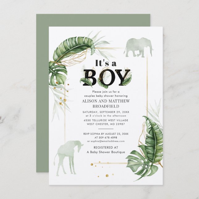 Botanische Safari Elephant Giraffe Babydusche Einladung (Vorne/Hinten)