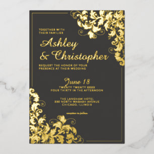 Botanische Schiefergraue Ecke Foto Hochzeit Gold Folieneinladung