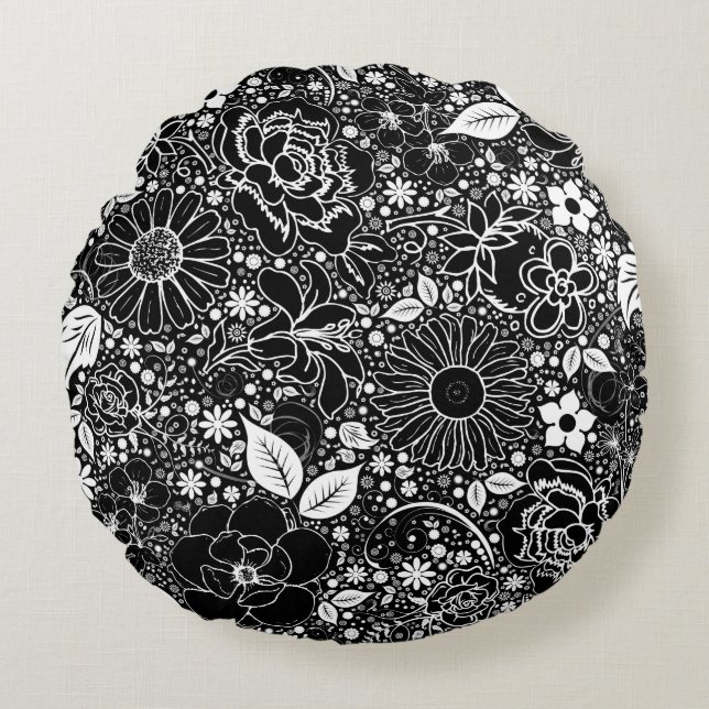 Botanische Schönheiten Schwarz-Weiß Rundwurfkissen Rundes Kissen (Vorderseite)