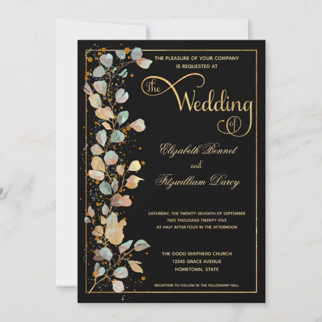 Botanische Schwarz-Gold-Foto-Monogramm-Hochzeit Einladung (Vorderseite)
