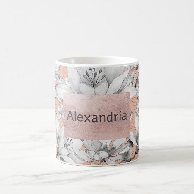 Botanische Schwarz-weiße Rose Gold Glitzer Blume Kaffeetasse (Mittel)