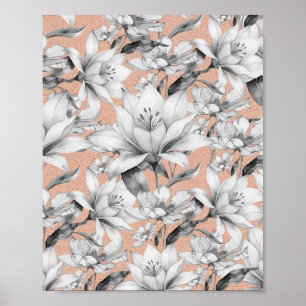 Botanische Schwarz-weiße Rose Gold Glitzer Blume Poster